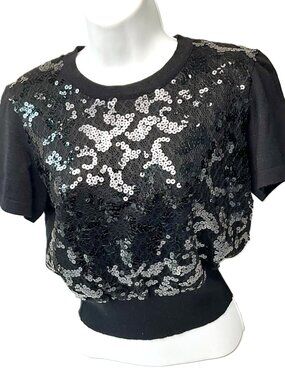 Escada Couture Black Sequin Embellished Virgin Wool Knit Top EU 34 Germany